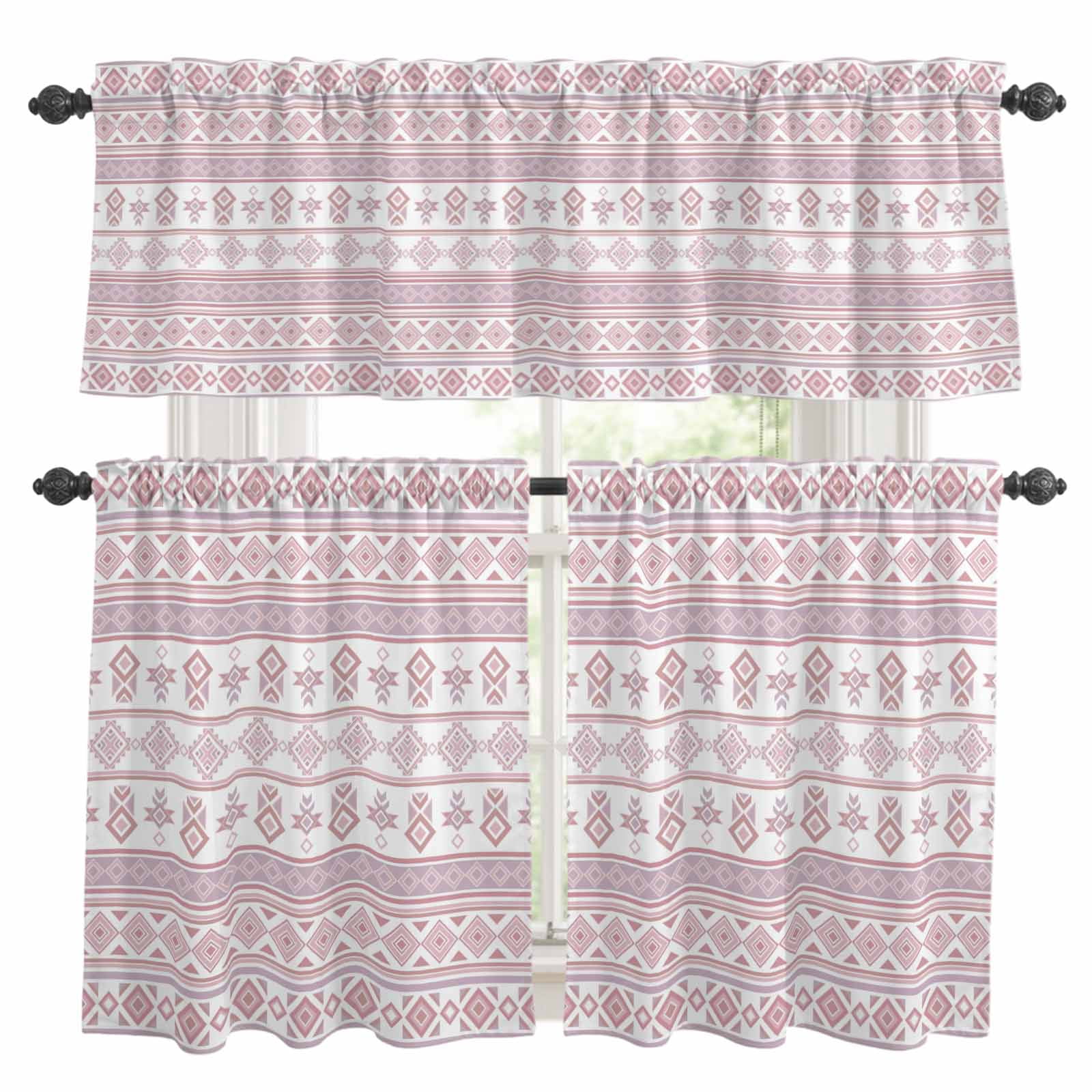 3 Piece Kitchen Curtains and Valances Set Pink Boho Striped Cafe ...