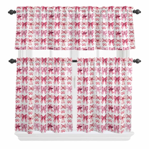 3 Piece Kitchen Curtains and Valances Set Pink Bow Cafe Curtains 24 Inch Length Roses Floral Cute Cherry Modern Valance & Tier Curtain for Living Room Bedroom Small Window 54"x18"+27"x24"*2