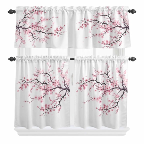 3 Piece Kitchen Curtains and Valances Set Pink Cherry Blossom Cafe Curtains 24 Inch Length Spring Branches Floral Watercolor Valance & Tier Curtain for Living Room Bedroom Window 54"x18"+27"x24"*2