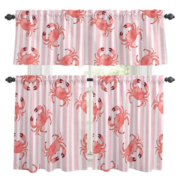 3 Piece Kitchen Curtains and Valances Set Pink Crab Ocean Cafe Curtains 24 Inch Length Summer Vertical Stripes Coastal Animals Valance & Tier Curtain for Living Room Bedroom Window 54"x18"+27"x24"*2
