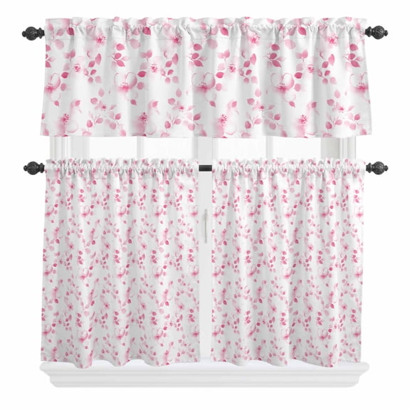 3 Piece Kitchen Curtains and Valances Set Pink Floral Cafe Curtains 24 Inch Length Retro Blossom Flower Botanical Country Valance & Tier Curtain for Living Room Bedroom Small Window 54"x18"+27"x24"*2
