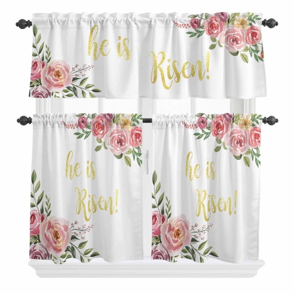 3 Piece Kitchen Curtains and Valances Set Pink Floral Cafe Curtains 36 Inch Length Spring Flowers Elegant Pastoral Valance & Tier Curtain for Living Room Bedroom Small Window 54"x18"+27"x36"*2