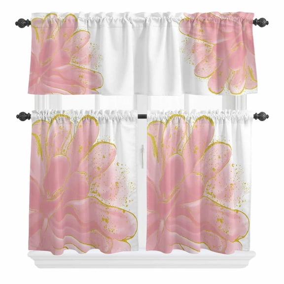 3 Piece Kitchen Curtains and Valances Set Pink Gold Cafe Curtains 36 Inch Length Boho Modern Abstract Minimalist Aesthetic Flower Valance & Tier Curtain for Living Room Bedroom 54"x18"+27"x36"*2