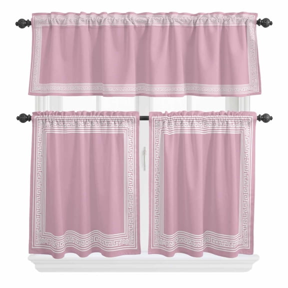 3 Piece Kitchen Curtains and Valances Set Pink Greek Key Cafe Curtains 36 Inch Length Geometric Greece Ancient Farmhouse Geo Valance & Tier Curtain for Living Room Bedroom Window 54"x18"+27"x36"*2