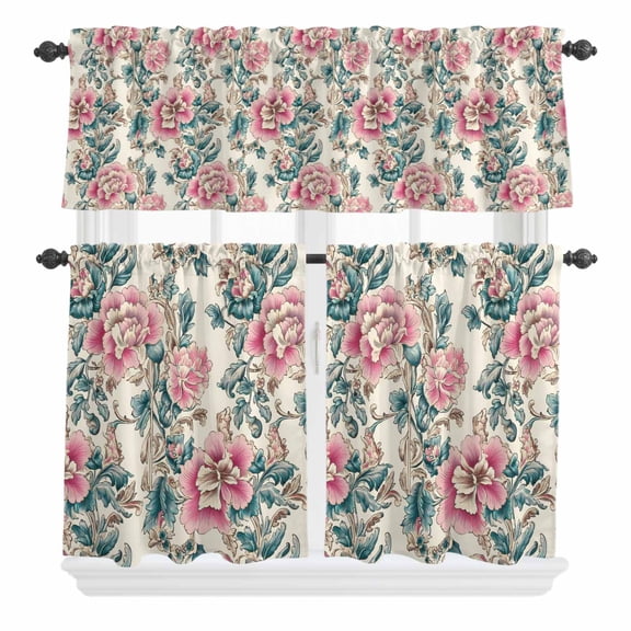 3 Piece Kitchen Curtains and Valances Set Pink Green Floral Cafe Curtains 24 Inch Length Botanical Vintage Watercolor Flower Valance & Tier Curtain for Living Room Bedroom Window 54"x18"+27"x24"*2