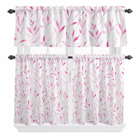 3 Piece Kitchen Curtains and Valances Set Pink Leaf Cafe Curtains 24 Inch Length Modern Botanical Foliage Plant Country Flower Valance & Tier Curtain for Living Room Bedroom Window 54"x18"+27"x24"*2