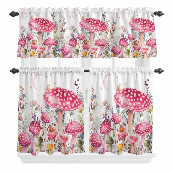 3 Piece Kitchen Curtains and Valances Set Pink Mushroom Cafe Curtains 24 Inch Length Butterfly Flower Moon Country Botanical Valance & Tier Curtain for Living Room Bedroom Window 54"x18"+27"x24"*2