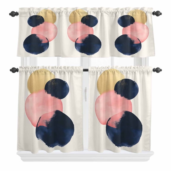 3 Piece Kitchen Curtains and Valances Set Pink Navy Blue Abstract Art Cafe Curtains 36 Inch Length Modern Geometric Luxury Valance & Tier Curtain for Living Room Bedroom Window 54"x18"+27"x36"*2