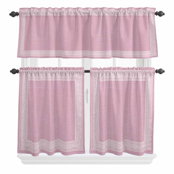 3 Piece Kitchen Curtains and Valances Set Pink Retro Greek Key Cafe Curtains 24 Inch Length Geometric Greece Ancient Rustic Valance & Tier Curtain for Living Room Bedroom Window 54"x18"+27"x24"*2