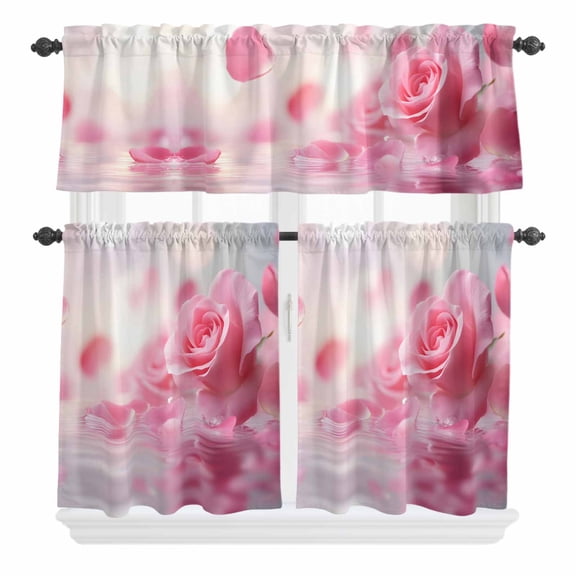 3 Piece Kitchen Curtains and Valances Set Pink Rose Fantasy Cafe Curtains 24 Inch Length Elegance Floral Romantic Reflection Valance & Tier Curtain for Living Room Bedroom Window 54"x18"+27"x24"*2