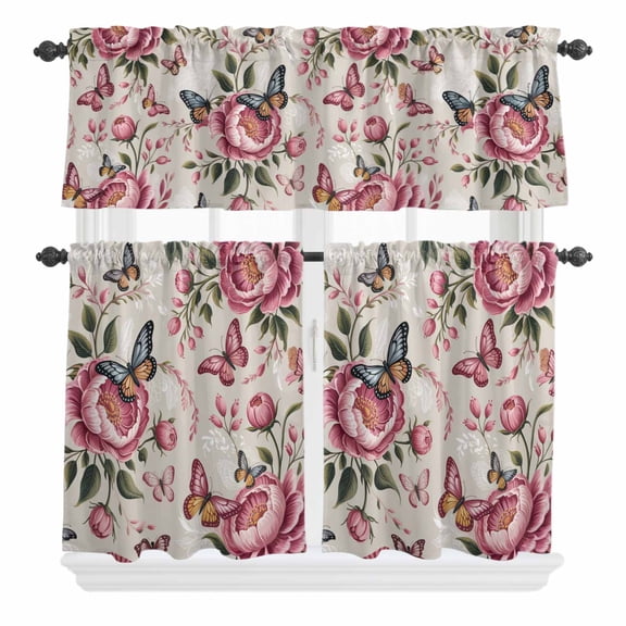 3 Piece Kitchen Curtains and Valances Set Pink Spring Floral Cafe Curtains 36 Inch Length Farmhouse Flowers Botanical Butterfly Valance & Tier Curtain for Living Room Bedroom Window 54"x18"+27"x36"*2