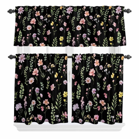 3 Piece Kitchen Curtains and Valances Set Pink Spring Floral Cafe Curtains 36 Inch Length Flowers Botanical Elegant Pastoral Black Valance & Tier Curtain for Living Room Bedroom 54"x18"+27"x36"*2