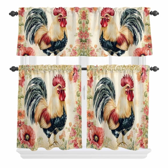 3 Piece Kitchen Curtains and Valances Set Pink Spring Floral Rooster Cafe Curtains 36 Inch Length Retro Rooster Pastoral Valance & Tier Curtain for Living Room Bedroom Small Window 54"x18"+27"x36"*2