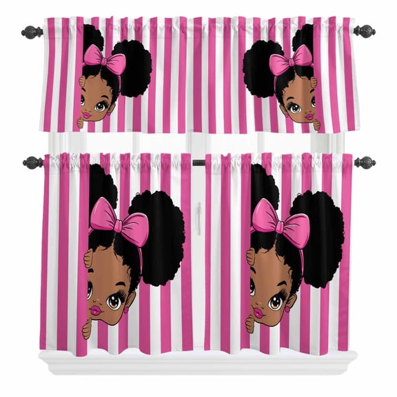 3 Piece Kitchen Curtains and Valances Set Pink Stripes Cafe Curtains 24 Inch Length Cartoon Funny Bow Girl Vertical Striped Valance & Tier Curtain for Living Room Bedroom Window 54"x18"+27"x24"*2