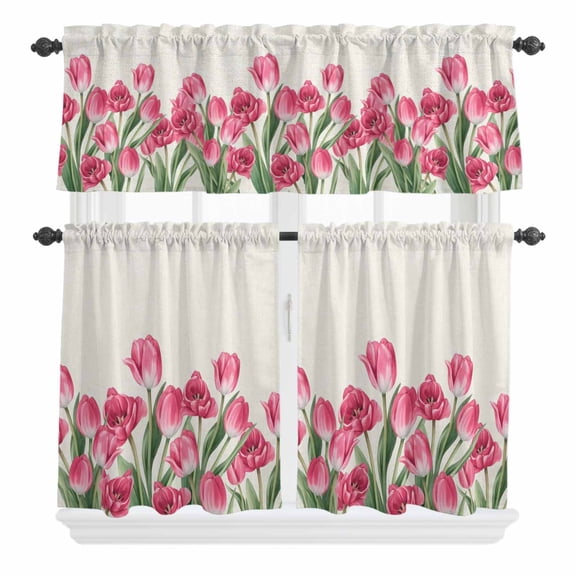 3 Piece Kitchen Curtains and Valances Set Pink Tulip Flower Cafe Curtains 36 Inch Length Spring Floral Leaves Plants Retro Beige Valance & Tier Curtain for Living Room Bedroom 54"x18"+27"x36"*2