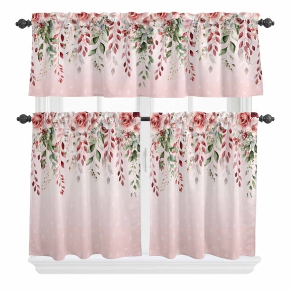 3 Piece Kitchen Curtains and Valances Set Pink Valentine's Day Cafe Curtains 36 Inch Length Roses Romantic Art Spring Floral Valance & Tier Curtain for Living Room Bedroom Window 54"x18"+27"x36"*2