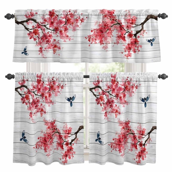 3 Piece Kitchen Curtains and Valances Set Plum Blossom Cafe Curtains 24 Inch Length Red Spring Floral Birds Vintage Wooden Valance & Tier Curtain for Living Room Bedroom Window 54"x18"+27"x24"*2