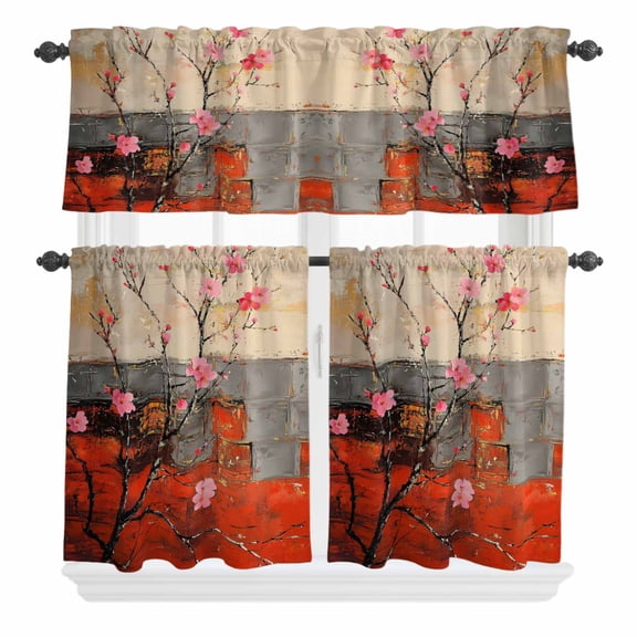 3 Piece Kitchen Curtains and Valances Set Plum Blossom Cafe Curtains 24 Inch Length Retro Flowers Country Nostalgic Valance & Tier Curtain for Living Room Bedroom Small Window 54"x18"+27"x24"*2