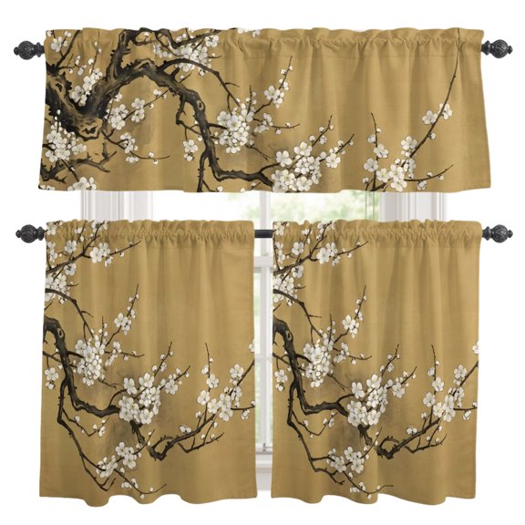 3 Piece Kitchen Curtains and Valances Set Plum Blossom Cafe Curtains 36 Inch Length Tree Branch Flower Vintage Zen Spring Valance & Tier Curtain for Living Room Bedroom Small Window 54"x18"+27"x36"*2