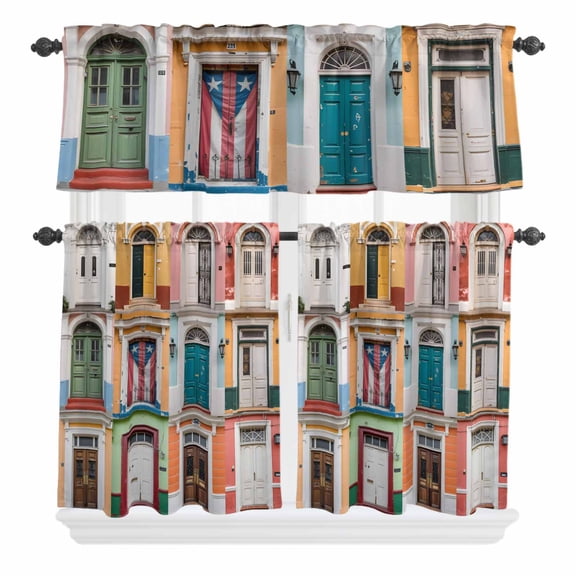 3 Piece Kitchen Curtains and Valances Set Puerto Rico Cafe Curtains 24 Inch Length Vintage Boho Style Door Gates Valance & Tier Curtain for Living Room Bedroom Small Window 54"x18"+27"x24"*2