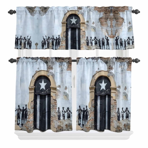 3 Piece Kitchen Curtains and Valances Set Puerto Rico Flag Cafe Curtains 24 Inch Length Retro Rustic Door Artwork Picture Prints Valance & Tier Curtain for Living Room Bedroom 54"x18"+27"x24"*2