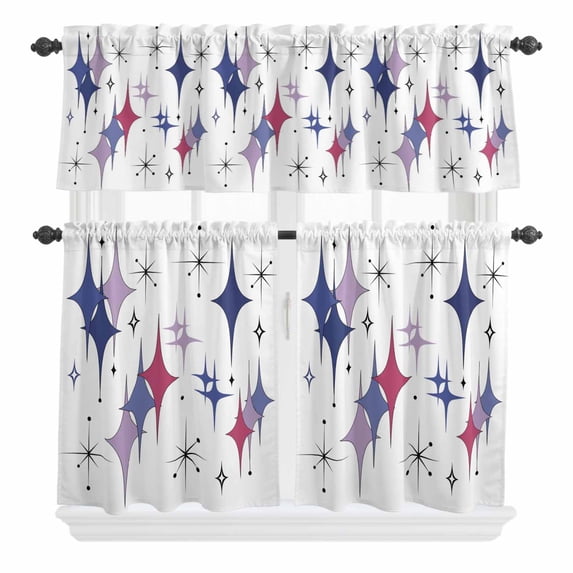 3 Piece Kitchen Curtains and Valances Set Purple Blue Diamond Cafe Curtains 36 Inch Length Modern Geometric Middle Century Valance & Tier Curtain for Living Room Bedroom Window 54"x18"+27"x36"*2