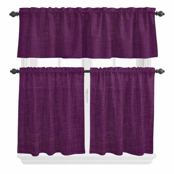 3 Piece Kitchen Curtains and Valances Set Purple Burlap Texture Cafe Curtains 24 Inch Length Farmhouse Vintage Purple Valance & Tier Curtain for Living Room Bedroom Small Window 54"x18"+27"x24"*2