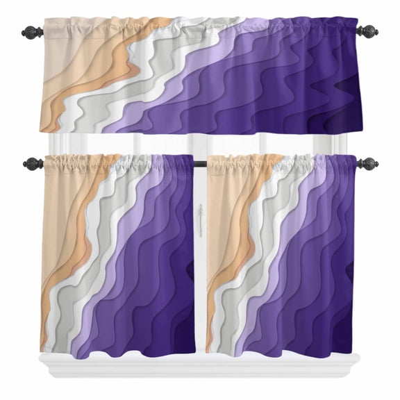 3 Piece Kitchen Curtains and Valances Set Purple Coastal Beach Cafe Curtains 24 Inch Length Modern Gradient Abstract Sea Waves Valance & Tier Curtain for Living Room Bedroom Window 54"x18"+27"x24"*2