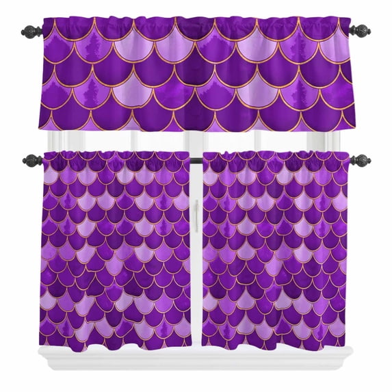 3 Piece Kitchen Curtains and Valances Set Purple Fish Scale Cafe Curtains 36 Inch Length Modern Geometric Ombre Abstract Moroccan Valance & Tier Curtain for Living Room Bedroom 54"x18"+27"x36"*2