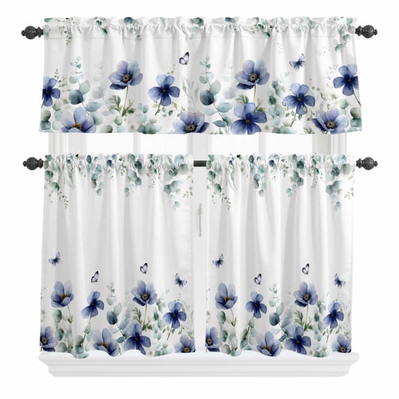 3 Piece Kitchen Curtains and Valances Set Purple Floral Cafe Curtains 24 Inch Length Watercolor Eucalyptus Leaves Butterfly Valance & Tier Curtain for Living Room Bedroom Window 54"x18"+27"x24"*2