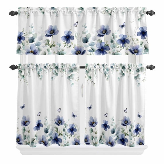 3 Piece Kitchen Curtains and Valances Set Purple Floral Cafe Curtains 24 Inch Length Watercolor Eucalyptus Leaves Butterfly Valance & Tier Curtain for Living Room Bedroom Window 54"x18"+27"x24"*2