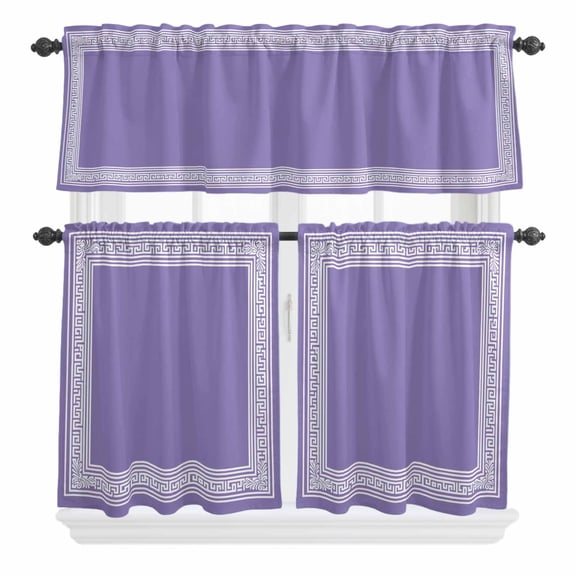 3 Piece Kitchen Curtains and Valances Set Purple Greek Key Cafe Curtains 24 Inch Length Geometric Greece Ancient Farmhouse Geo Valance & Tier Curtain for Living Room Bedroom Window 54"x18"+27"x24"*2