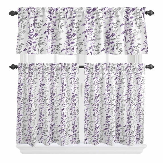 3 Piece Kitchen Curtains and Valances Set Purple Grey Botanical Cafe Curtains 36 Inch Length Spring Floral Summer Farmhouse Valance & Tier Curtain for Living Room Bedroom Window 54"x18"+27"x36"*2