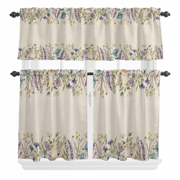 3 Piece Kitchen Curtains and Valances Set Purple Lavender Cafe Curtains 24 Inch Length Spring Rustic Wildflowers Botanical Beige Valance & Tier Curtain for Living Room Bedroom 54"x18"+27"x24"*2