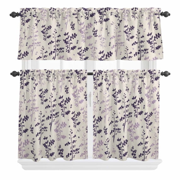 3 Piece Kitchen Curtains and Valances Set Purple Pink Botanical Cafe Curtains 24 Inch Length Rustic Country Spring Floral Summer Leaf Valance & Tier Curtain for Living Room Bedroom 54"x18"+27"x24"*2