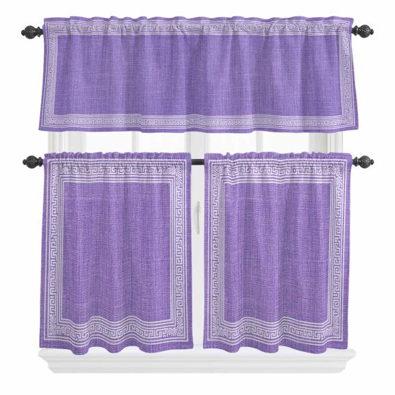 3 Piece Kitchen Curtains and Valances Set Purple Retro Greek Key Cafe Curtains 24 Inch Length Geometric Greece Ancient Rustic Valance & Tier Curtain for Living Room Bedroom Window 54"x18"+27"x24"*2