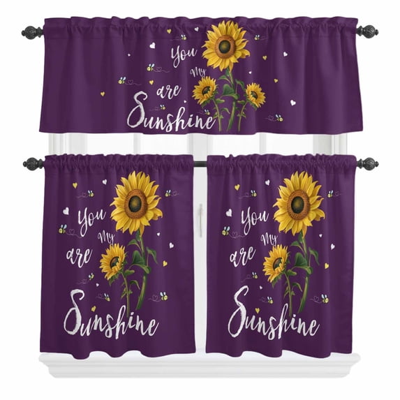 3 Piece Kitchen Curtains and Valances Set Purple Sunshine Sunflower Cafe Curtains 24 Inch Length Pastoral Bees Farmhouse Floral Valance & Tier Curtain for Living Room Bedroom Window 54"x18"+27"x24"*2