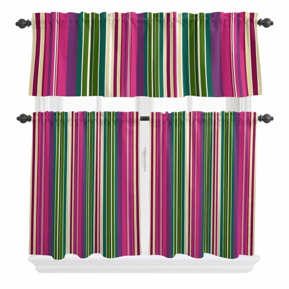3 Piece Kitchen Curtains and Valances Set Rainbow Stripes Cafe Curtains 24 Inch Length Farmhouse Colorful Abstract Striped Valance & Tier Curtain for Living Room Bedroom Window 54"x18"+27"x24"*2