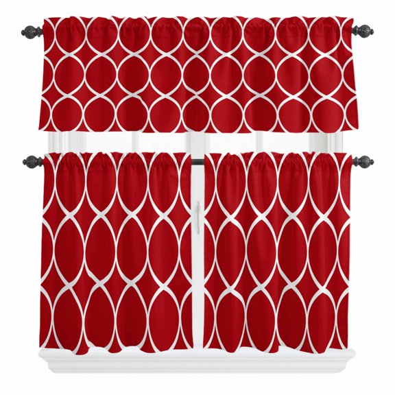 3 Piece Kitchen Curtains and Valances Set Red Abstract Cafe Curtains 24 Inch Length Modern White Geometric Twisted Art Valance & Tier Curtain for Living Room Bedroom Small Window 54"x18"+27"x24"*2