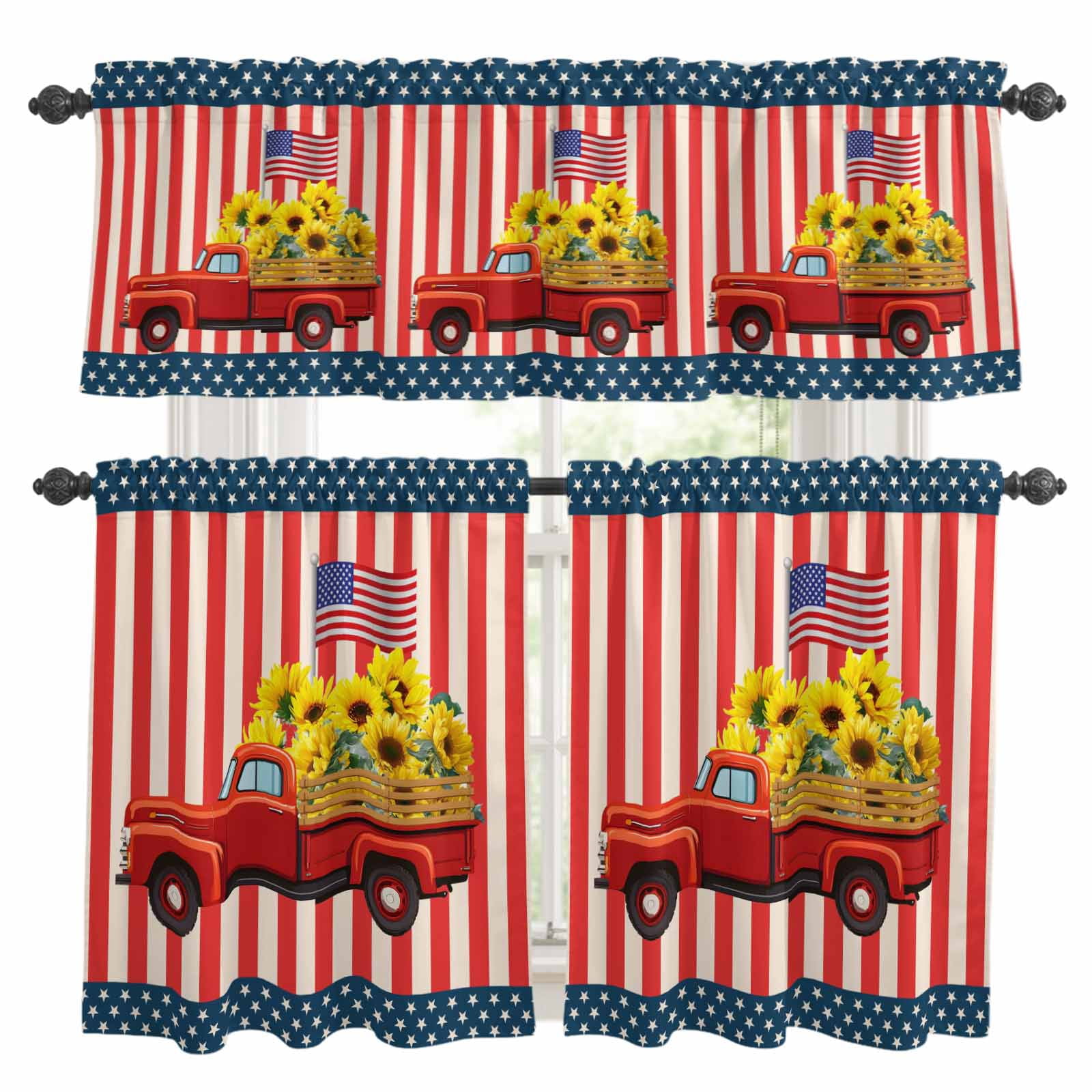 3 Piece Kitchen Curtains and Valances Set Red Blue Independence Day ...