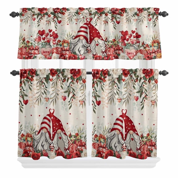 3 Piece Kitchen Curtains and Valances Set Red Floral Valentine's Day Cafe Curtains 24 Inch Length Gnomes Botanical Gifts Rustic Valance & Tier Curtain for Living Room Bedroom Window 54"x18"+27"x24"*2