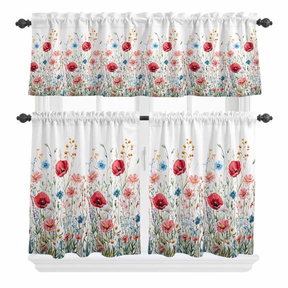3 Piece Kitchen Curtains and Valances Set Red Flower Cafe Curtains 24 Inch Length Blue Pink Wildflower Poppy Floral Botanical Valance & Tier Curtain for Living Room Bedroom Window 54"x18"+27"x24"*2