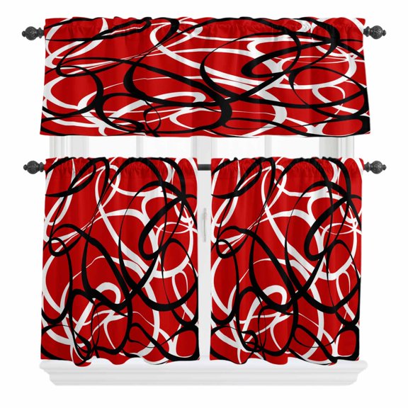3 Piece Kitchen Curtains and Valances Set Red Geometric Cafe Curtains 24 Inch Length Modern Abstract Black White Striped Lines Valance & Tier Curtain for Living Room Bedroom Window 54"x18"+27"x24"*2