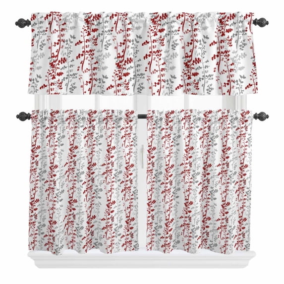 3 Piece Kitchen Curtains and Valances Set Red Grey Botanical Cafe Curtains 24 Inch Length Spring Floral Summer Farmhouse Valance & Tier Curtain for Living Room Bedroom Small Window 54"x18"+27"x24"*2