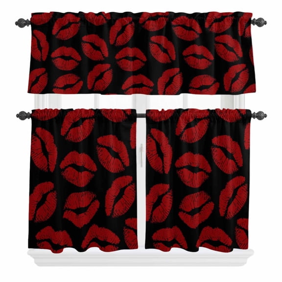 3 Piece Kitchen Curtains and Valances Set Red Lips Cafe Curtains 24 Inch Length Modern Abstract Romantic Texture Aesthetic Valance & Tier Curtain for Living Room Bedroom Window 54"x18"+27"x24"*2