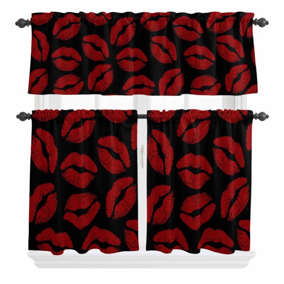 3 Piece Kitchen Curtains and Valances Set Red Lips Cafe Curtains 36 Inch Length Modern Abstract Romantic Texture Aesthetic Valance & Tier Curtain for Living Room Bedroom Window 54"x18"+27"x36"*2