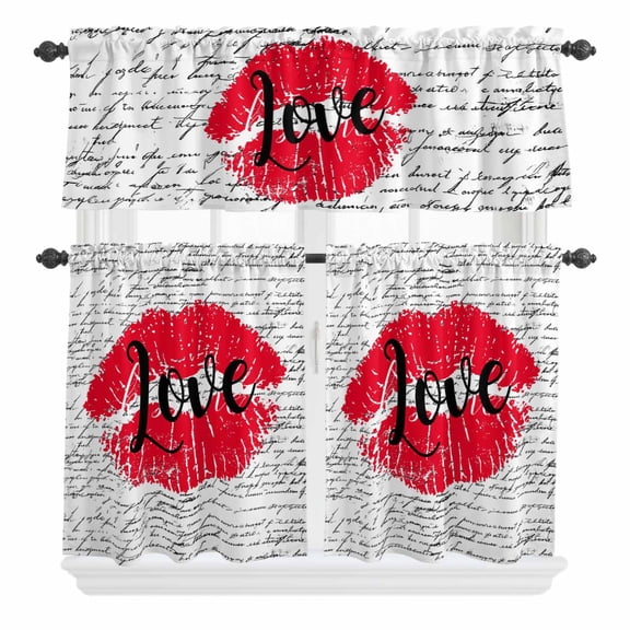 3 Piece Kitchen Curtains and Valances Set Red Lips Cafe Curtains 36 Inch Length Modern Romantic Abstract Retro Aesthetic Art Valance & Tier Curtain for Living Room Bedroom Window 54"x18"+27"x36"*2