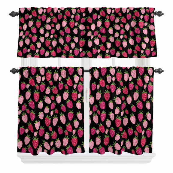 3 Piece Kitchen Curtains and Valances Set Red Pink Strawberry Cafe Curtains 24 Inch Length Black Lovely Summer Spring Fruit Valance & Tier Curtain for Living Room Bedroom Window 54"x18"+27"x24"*2