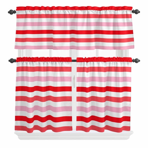 3 Piece Kitchen Curtains and Valances Set Red Pink Striped Cafe Curtains 24 Inch Length Farmhouse Stripes Simple Art Valance & Tier Curtain for Living Room Bedroom Small Window 54"x18"+27"x24"*2