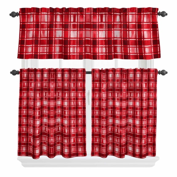 3 Piece Kitchen Curtains and Valances Set Red Plaid Cafe Curtains 36 Inch Length Modern Art Checkered Farmhouse Valance & Tier Curtain for Living Room Bedroom Small Window 54"x18"+27"x36"*2